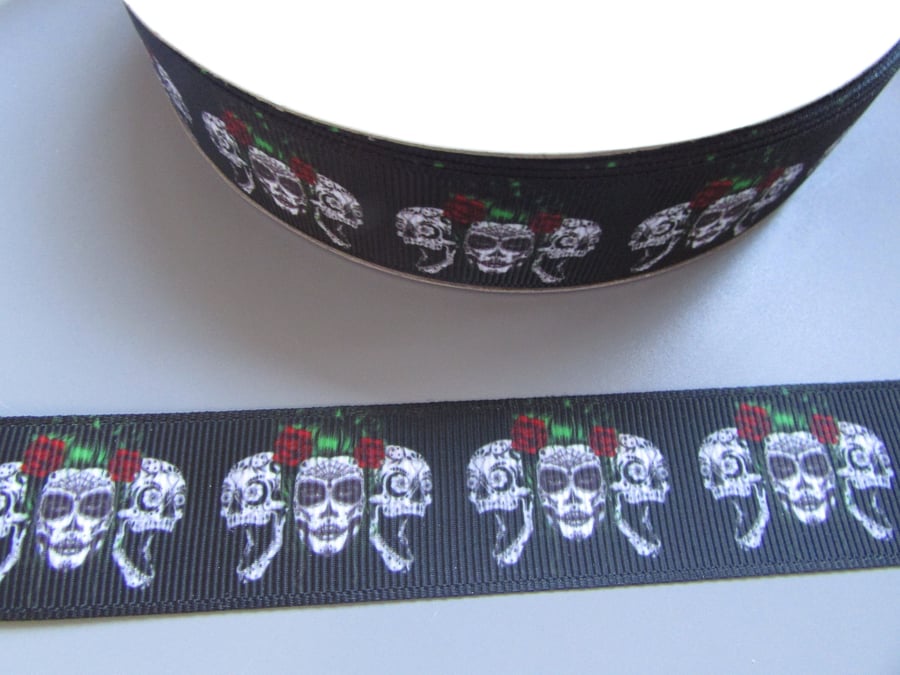 Sugar Skull 2.5cm Grosgrain Ribbon x 1 metre