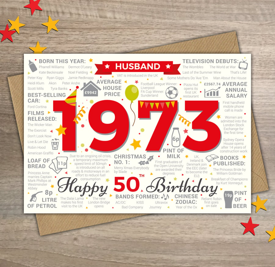 Happy 50th Birthday HUSBAND Greetings Card - Born In 1973 Year of Birth Facts