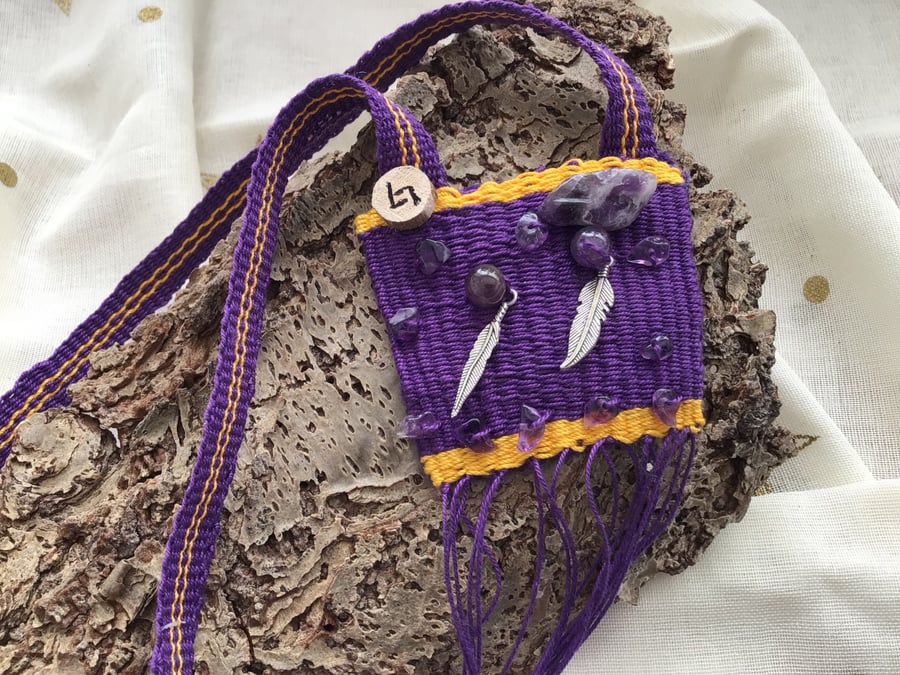 Hand Woven Talisman Pouch with Amethyst Crystals and a Hazel Rune