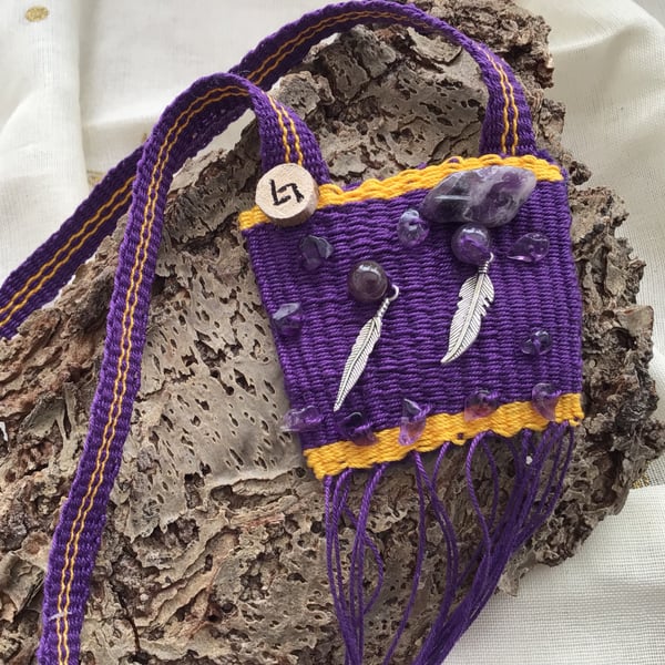 Hand Woven Talisman Pouch with Amethyst Crystals and a Hazel Rune