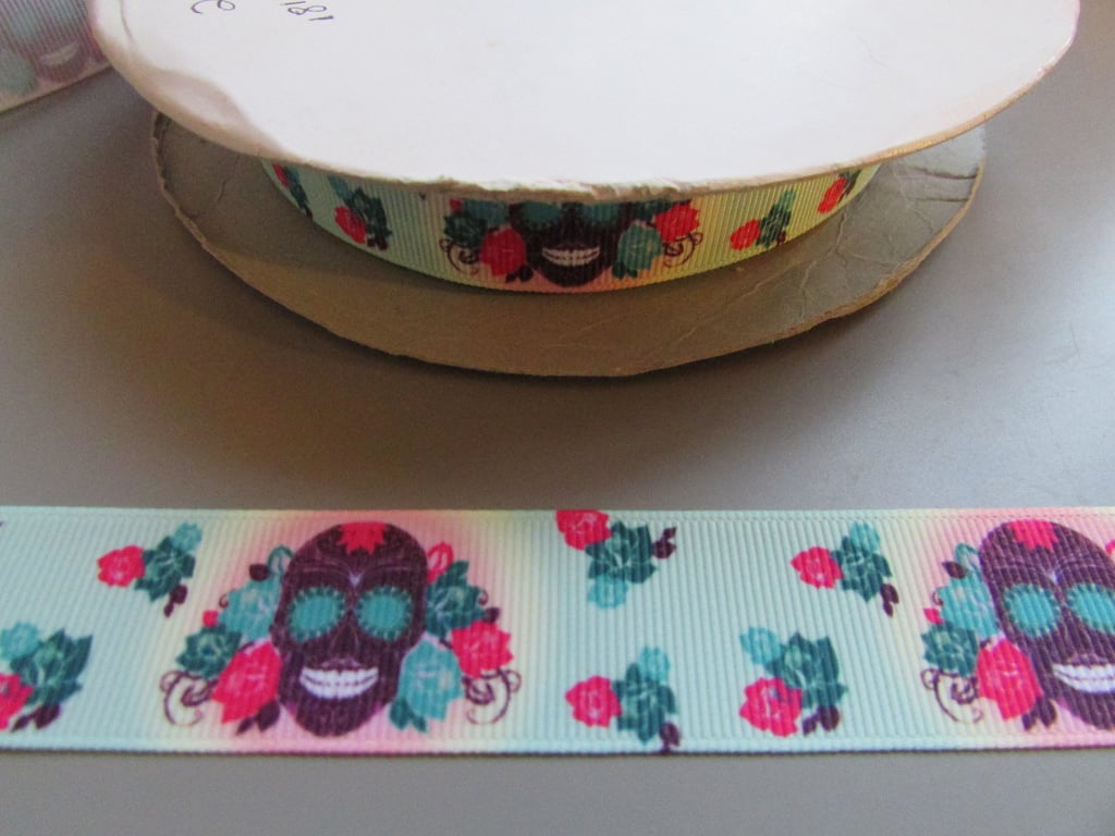 Gothic Sugar Skull Grosgrain Ribbon 2.5cm x 1 Metre