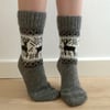Grey Wool Socks with Reindeer Elk Buck Scandinavian Norwegian Christmas Fairisle