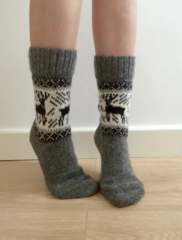 Grey Wool Socks with Reindeer Elk Buck Scandinavian Norwegian Christmas Fairisle