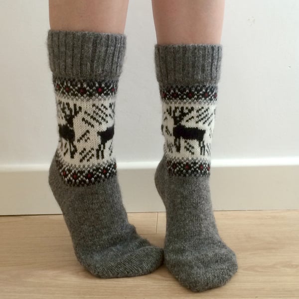 Grey Wool Socks with Reindeer Elk Buck Scandinavian Norwegian Christmas Fairisle