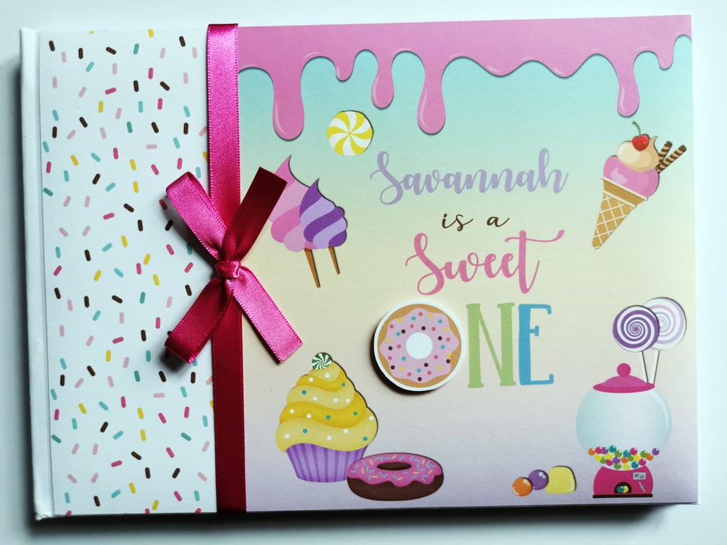 Sweet One birthday guest book, sweets and donuts birthday book