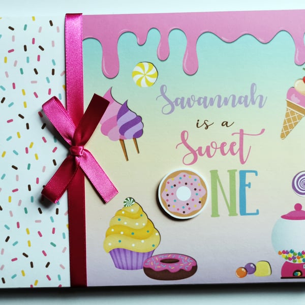 Personalised sweets and donuts birthday guest book,  Sweet One birthday book