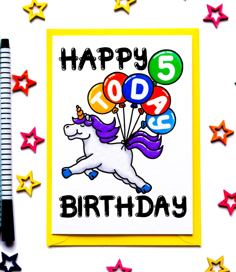 Cute Unicorn 5th Birthday Card For Girl, Boy, Niece, Nephew, Sister, Brother