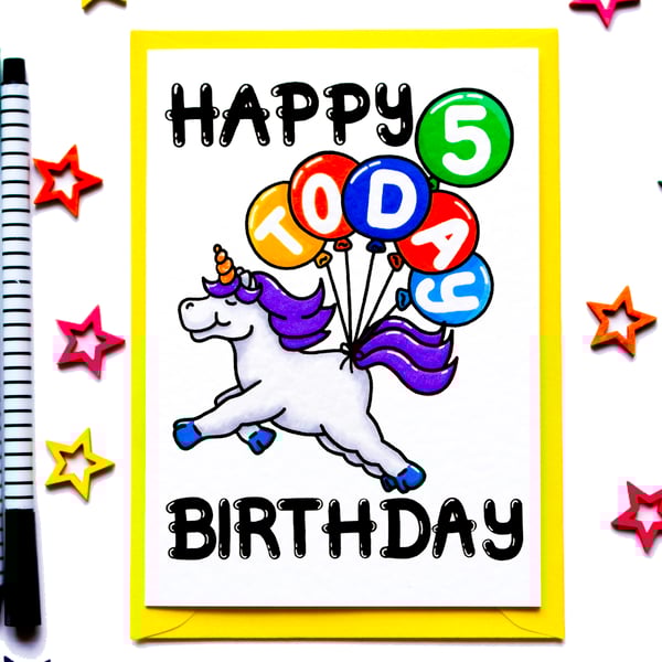 Cute Unicorn 5th Birthday Card For Girl, Boy, Niece, Nephew, Sister, Brother