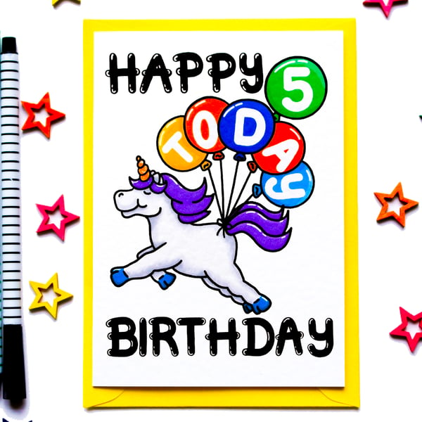 Cute Unicorn 5th Birthday Card For Girl, Boy, Niece, Nephew, Sister, Brother