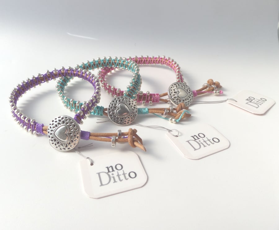 Beaded Leather Bracelet, Colour Choice Macramé, Silver Heart Clasp