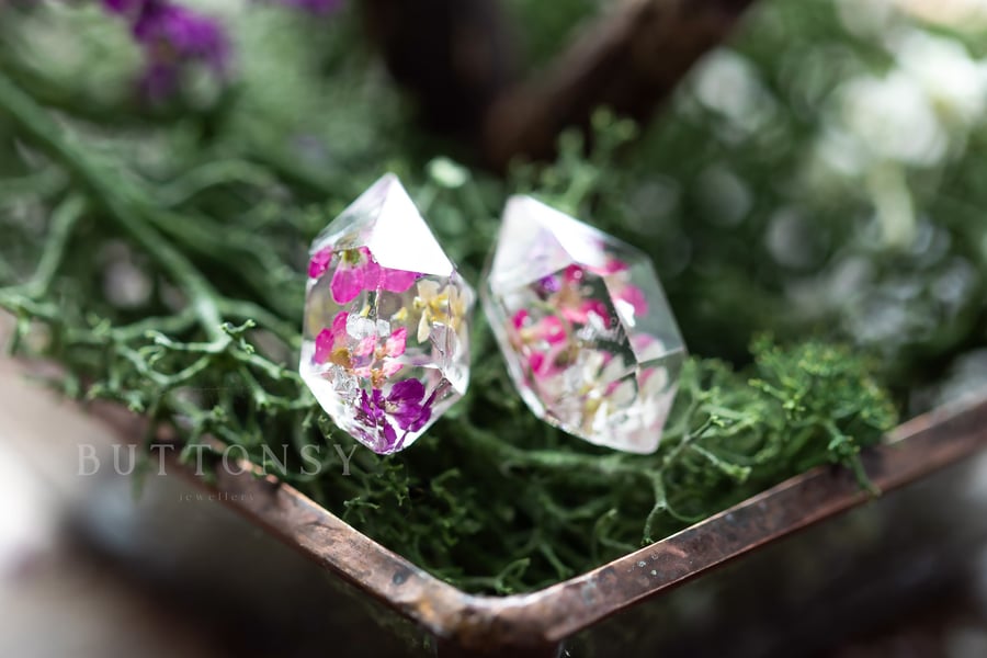 Real Flower Earrings Sweet Alyssum - Silver Flakes Herkimer Diamond Resin Jewelr