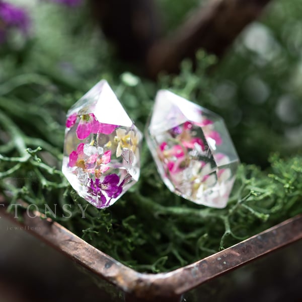 Real Flower Earrings Sweet Alyssum - Silver Flakes Herkimer Diamond Resin Jewelr