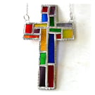 Stained Glass Cross Suncatcher Handmade Patchwork Rainbow 073