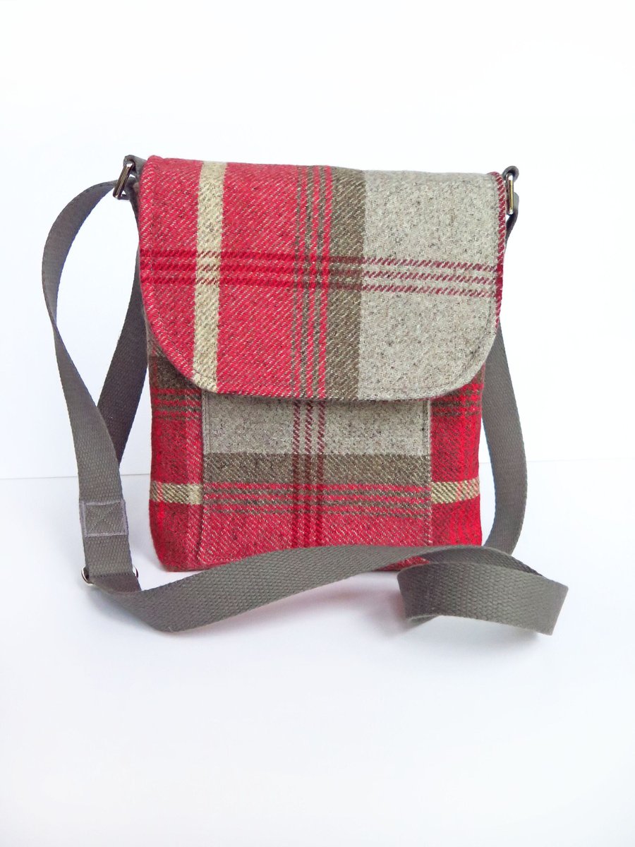 Red and Grey Tartan Messenger Bag with Grey Cotton Webbing Strap