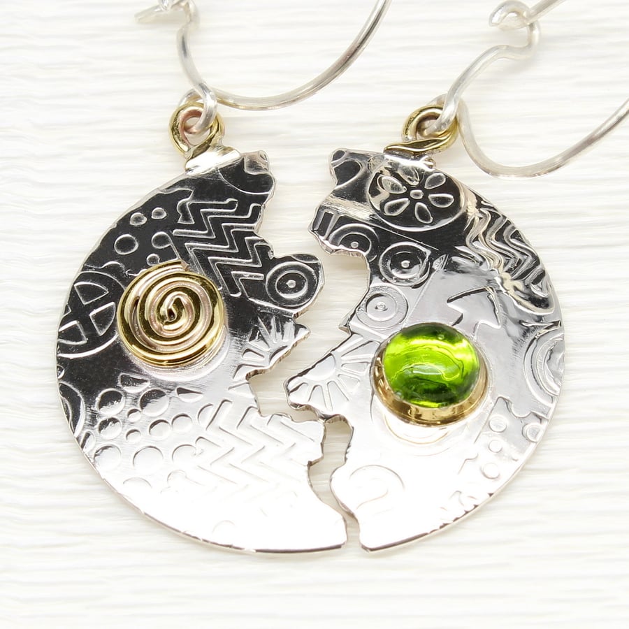 Handmade peridot earrings, halved round sterling silver, designer made. 