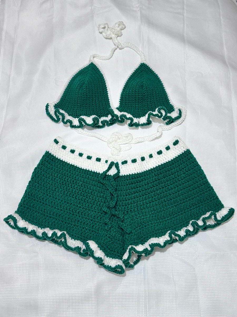 Handmade Crochet Two-Piece Set – Ruffle Trim Bikini Top & Shorts 