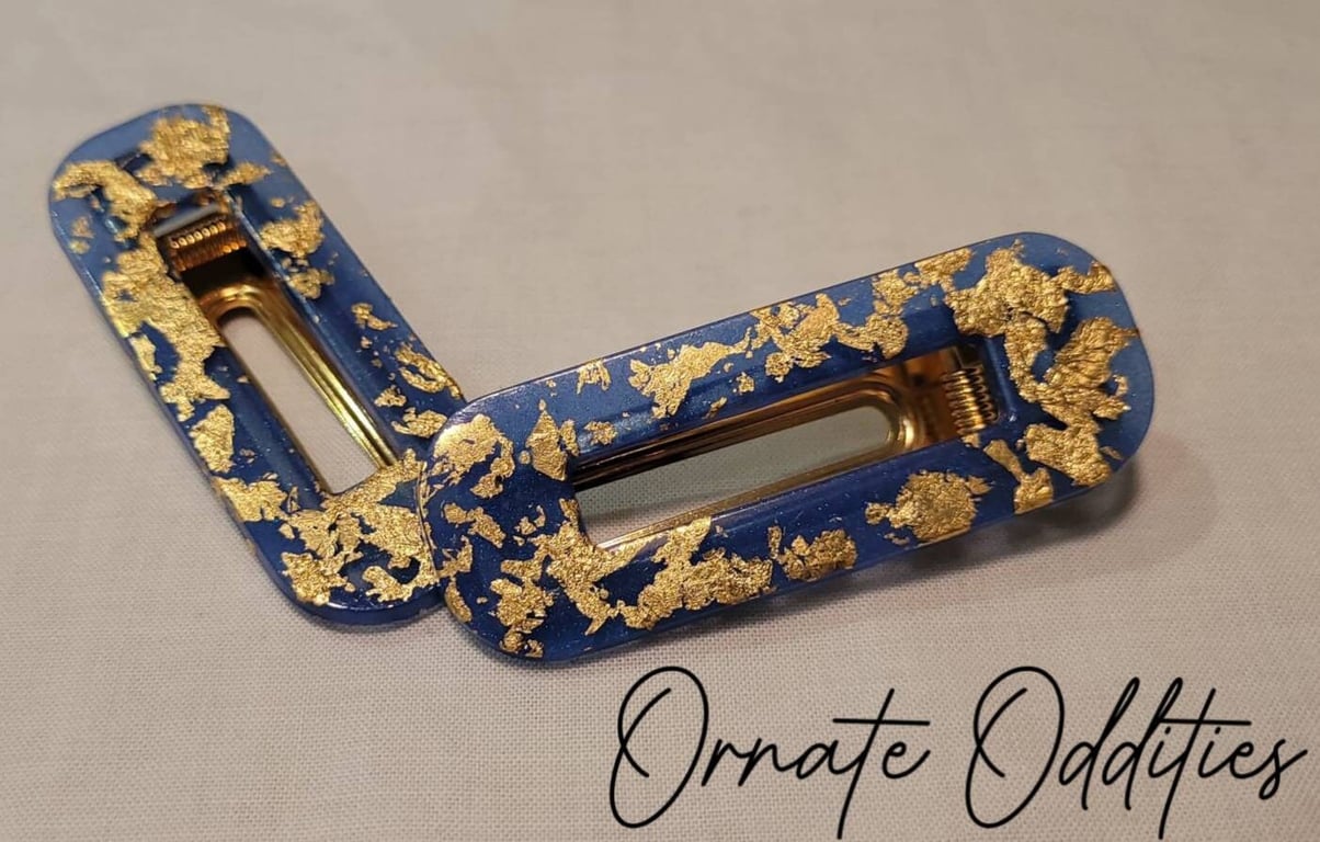 Blue and Gold Leaf Hairclips Summer Hairgrips Festival Clips Resin