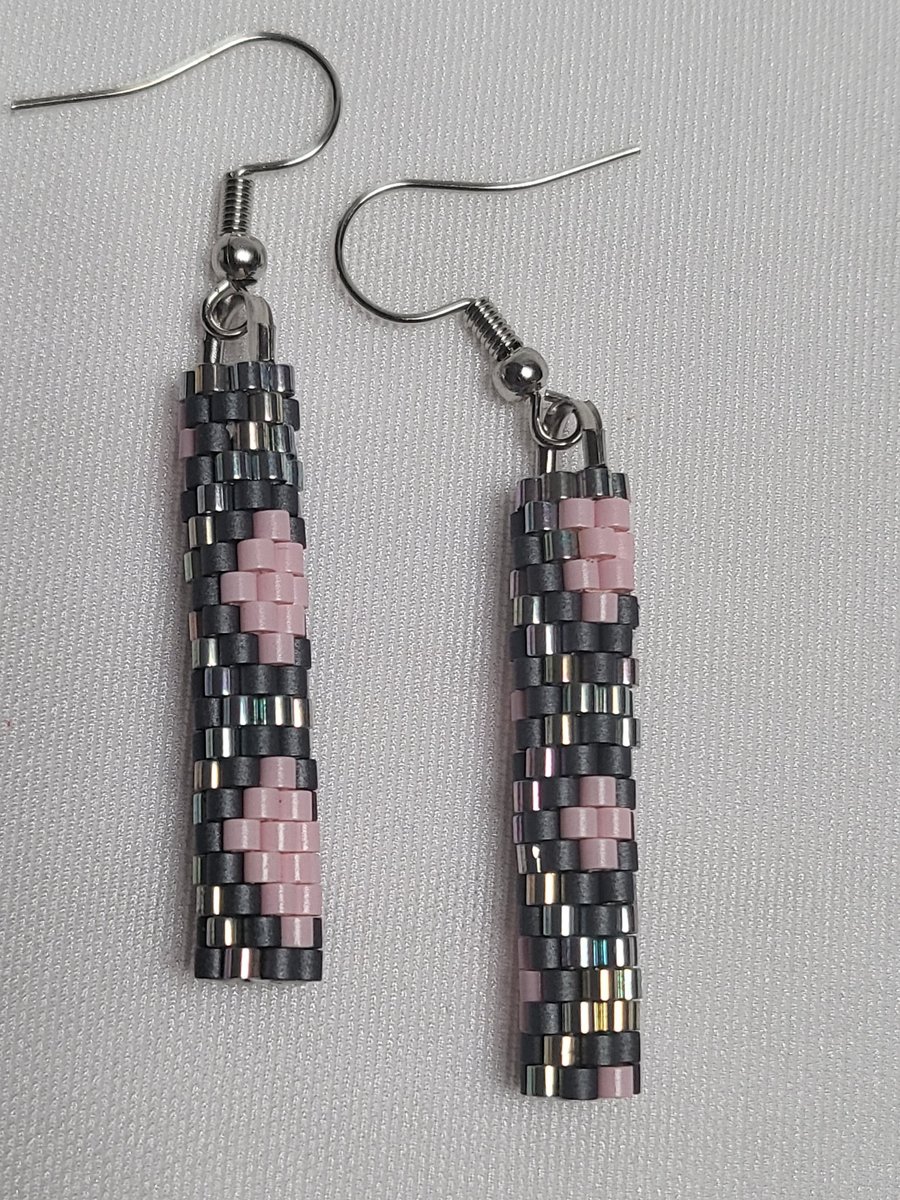 Pink Snake Pattern Miyuki Earrings Grey Beaded Dangle Earrings