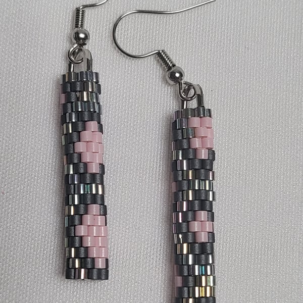 Pink Snake Pattern Miyuki Earrings Grey Beaded Dangle Earrings