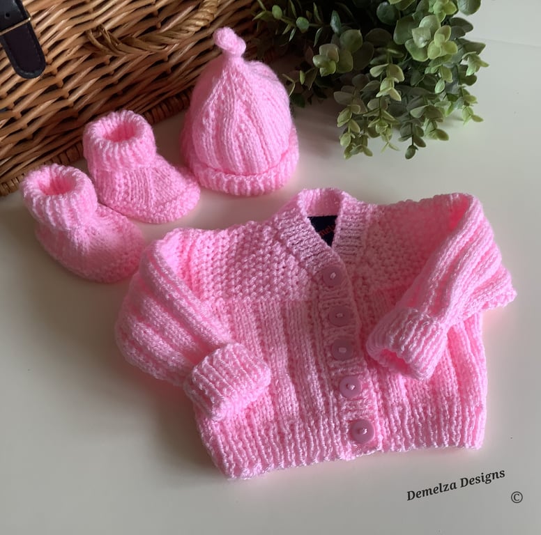 Newborn. Hand Knitted Baby Girl's Cardigan, Hat & Booties Set