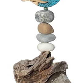 Mermaid Wooden Ornament - Handmade Driftwood and Pebble Sculpture. Seaside Decor