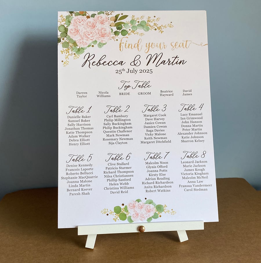 Blush pink rose WEDDING table seating PLAN board Eucalyptus sage green foliage