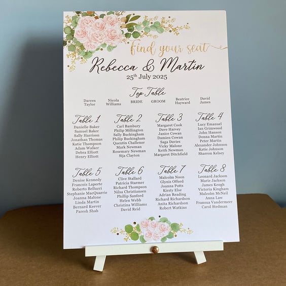 Blush pink rose WEDDING table seating PLAN board Eucalyptus sage green foliage