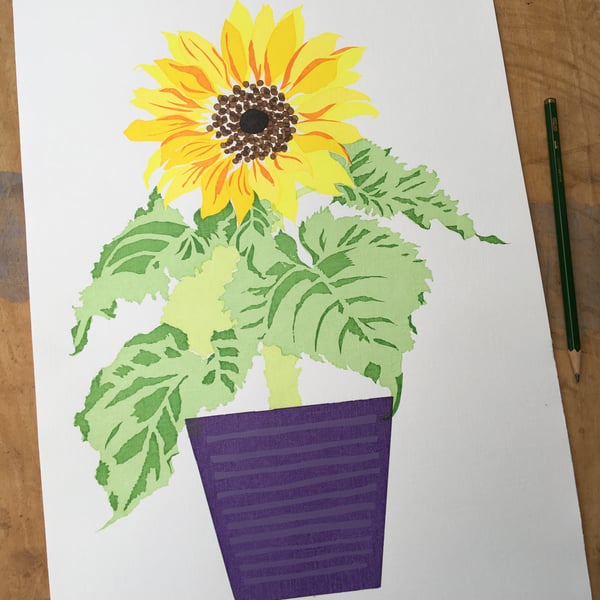 Sunflower in Purple Pot - Handmade Silkscreen Print A3