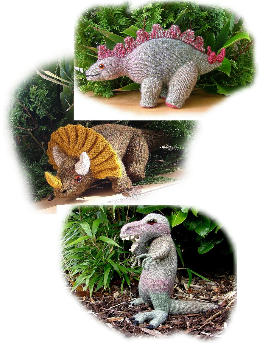 THREE DINOSAUR toy knitting patterns Tyrannosaurus, Stegosaurus Triceratops