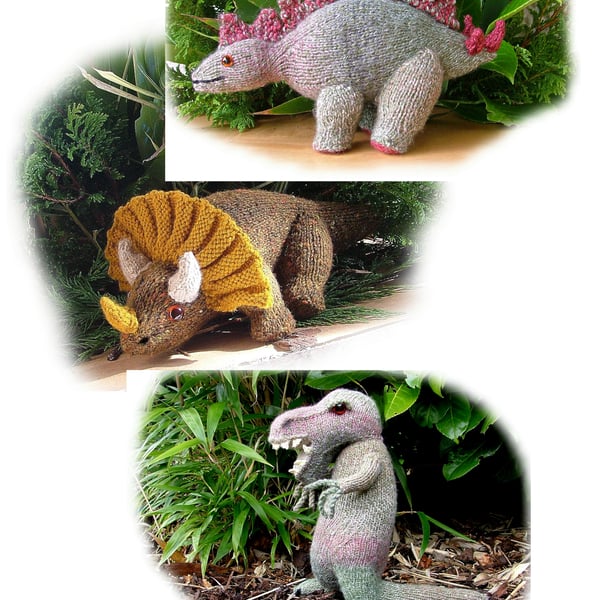 THREE DINOSAUR toy knitting patterns Tyrannosaurus, Stegosaurus Triceratops