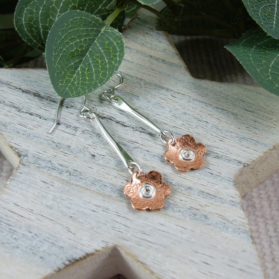 Earrings, Sterling Silver Bar and Copper Flower Dropper Earrings