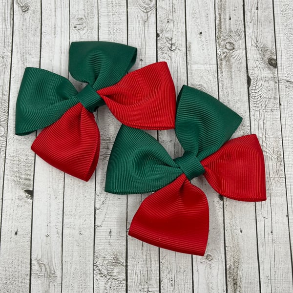School Hunter Green and Red Two Tone Double with Bows on Clips (pair)