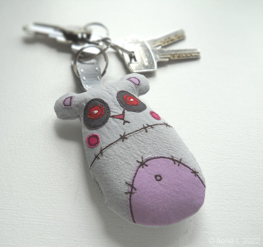 freehand embroidered zombie panda keyring bag charm pale purple