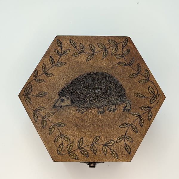 Hedgehog pyrography wooden box, decorative storage, gift for a nature lover