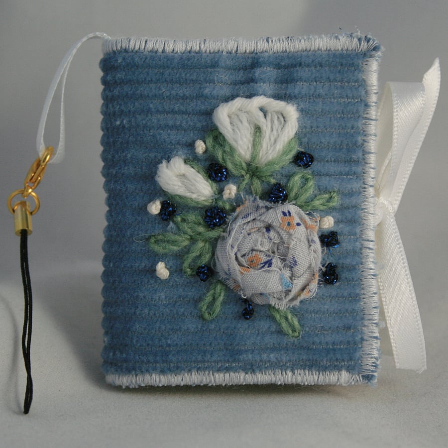 Embroidered Book Charm (Blue) - Cream Roses