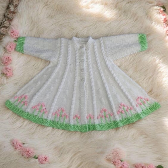 Hand-Knitted Baby Cardigan, White with Pink Flowers & Green Trim, 0–6 Months