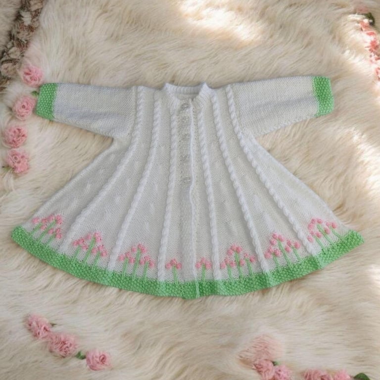 Hand-Knitted Baby Cardigan, White with Pink Flowers & Green Trim, 0–6 Months