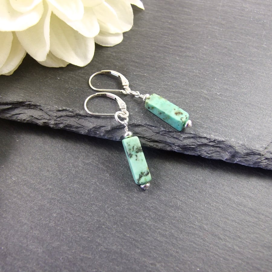 Earrings, Sterling Silver, Lever Back with Turquoise Gemstone Dropper