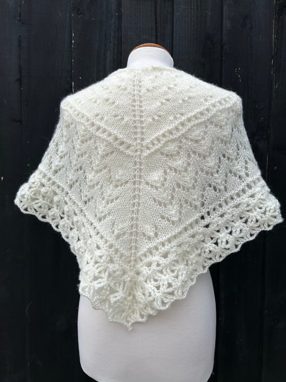 Hand knitted light cream shallow triangle lace shawl with crochet edging 