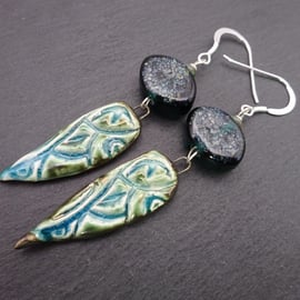 teal scroll lampwork glass earrings