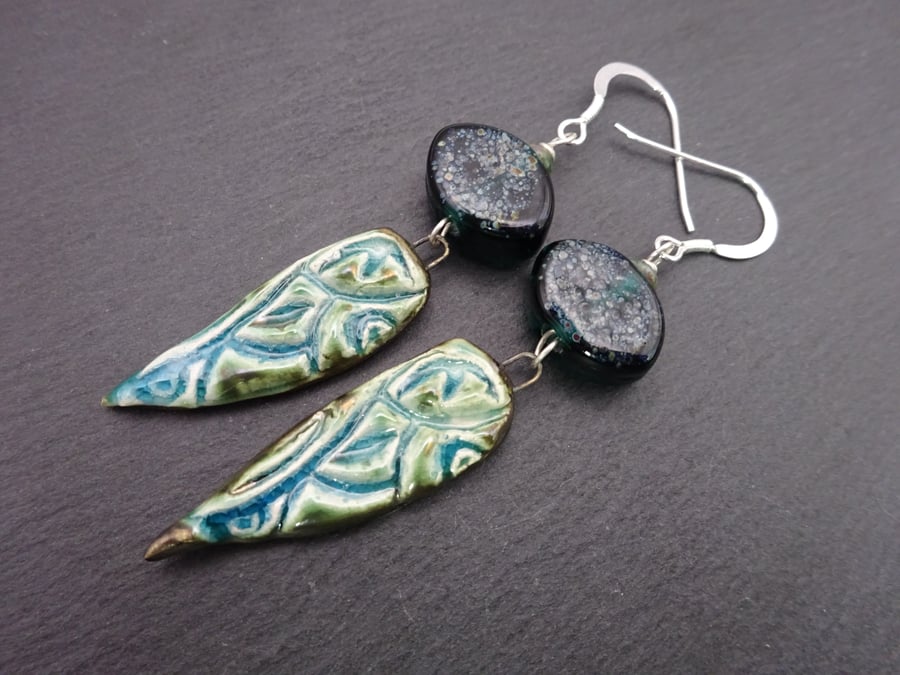 teal scroll lampwork glass earrings