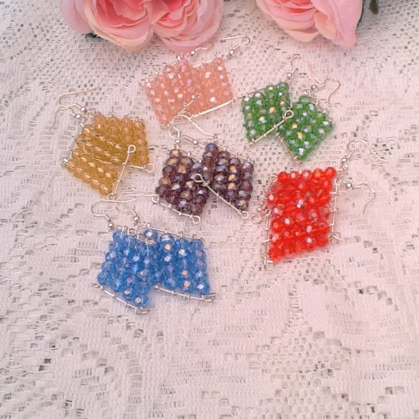 Crystal Beaded Diamond Shaped Earrings, Crystal Earrings, Gift For Her, Earrings