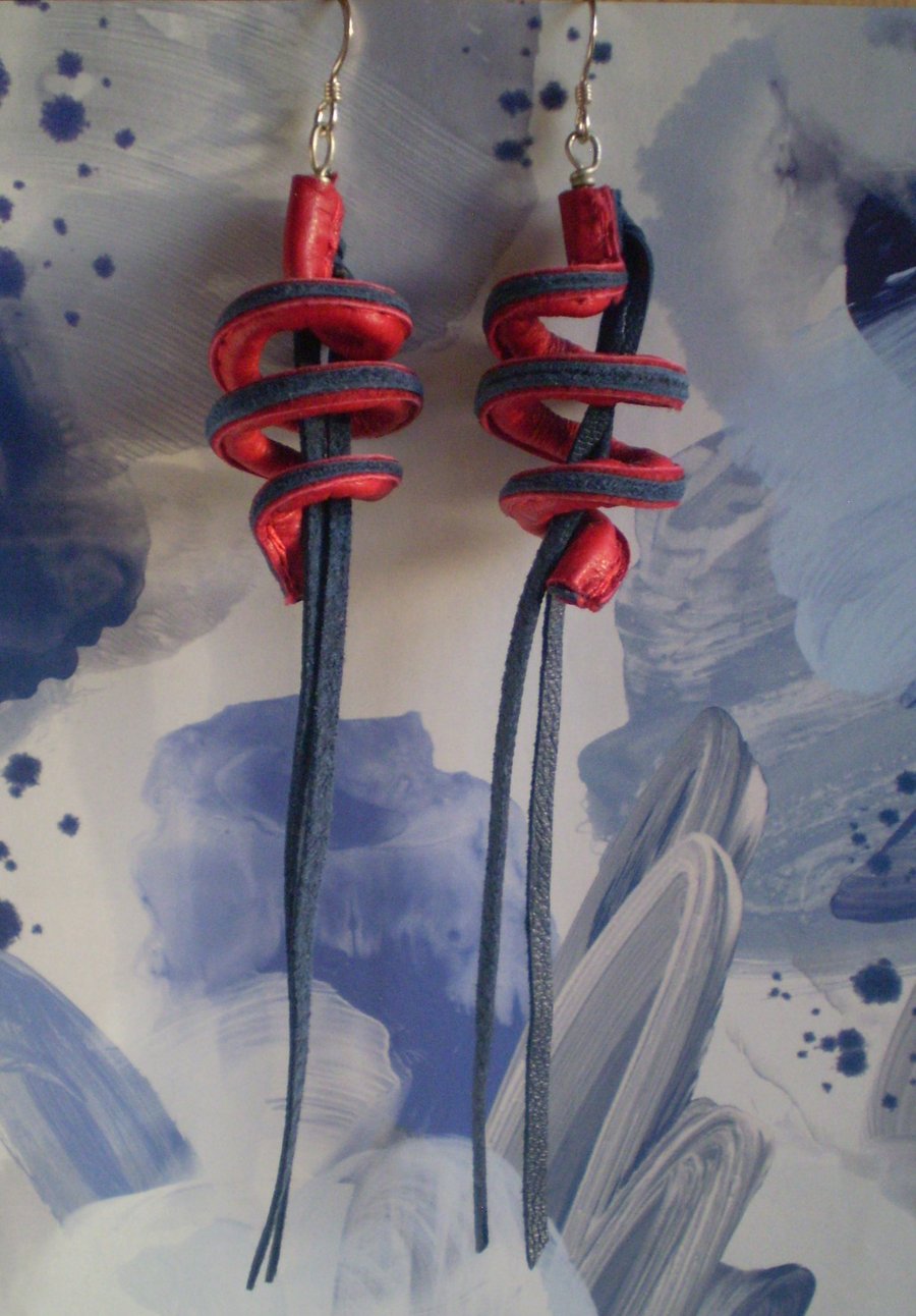  Tassel earrings... in recycled Red and Blue upcycled leather