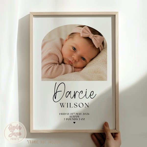 Personalised Baby Photo Print - Newborn Birth Stats - Nursery Wall Art Gift