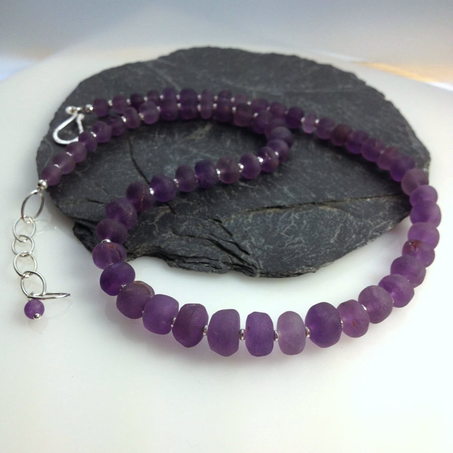 Amethyst and silver necklace hand cut frosted beads
