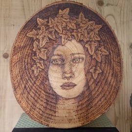 Pyrography Ivy Dryad wood slice hanging decoration