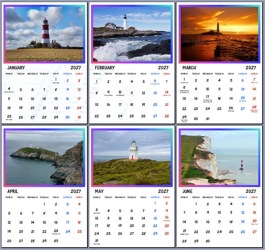 2027 Calendar Lighthouses A4 Page Per Month 