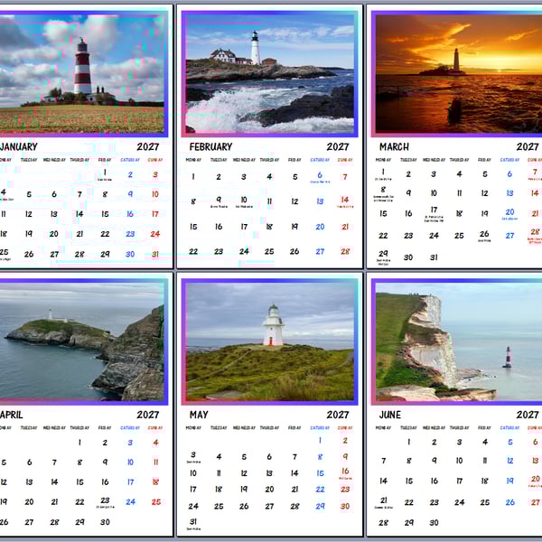 2027 Calendar Lighthouses A4 Page Per Month 