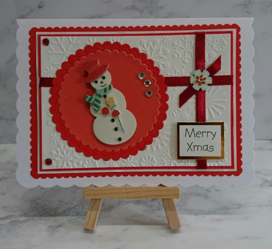 Handmade Christmas Card Merry Xmas Snowman with Red Top Hat
