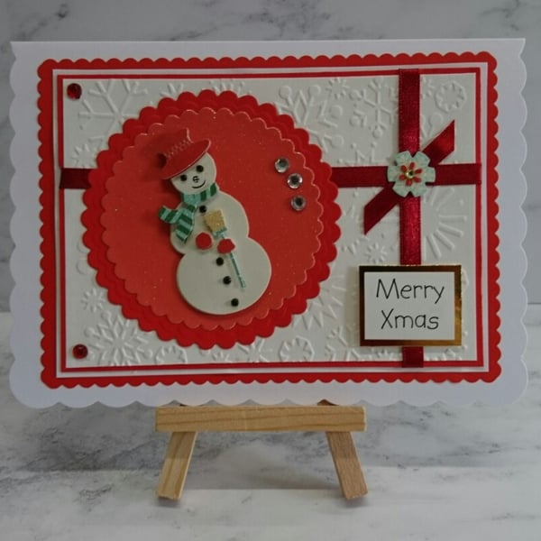 Handmade Christmas Card Merry Xmas Snowman with Red Top Hat